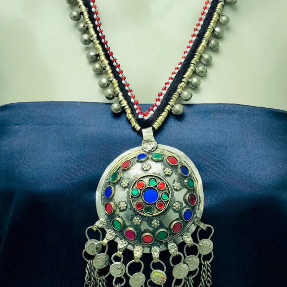 Tribal Afghani Pendant Necklace With Glass Stones and Bells - Picture 1 of 10